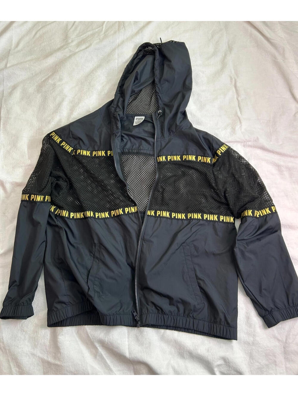 PINK Victoria's Secret Black & Gold Logo Mesh Hooded Windbreaker Jacket M